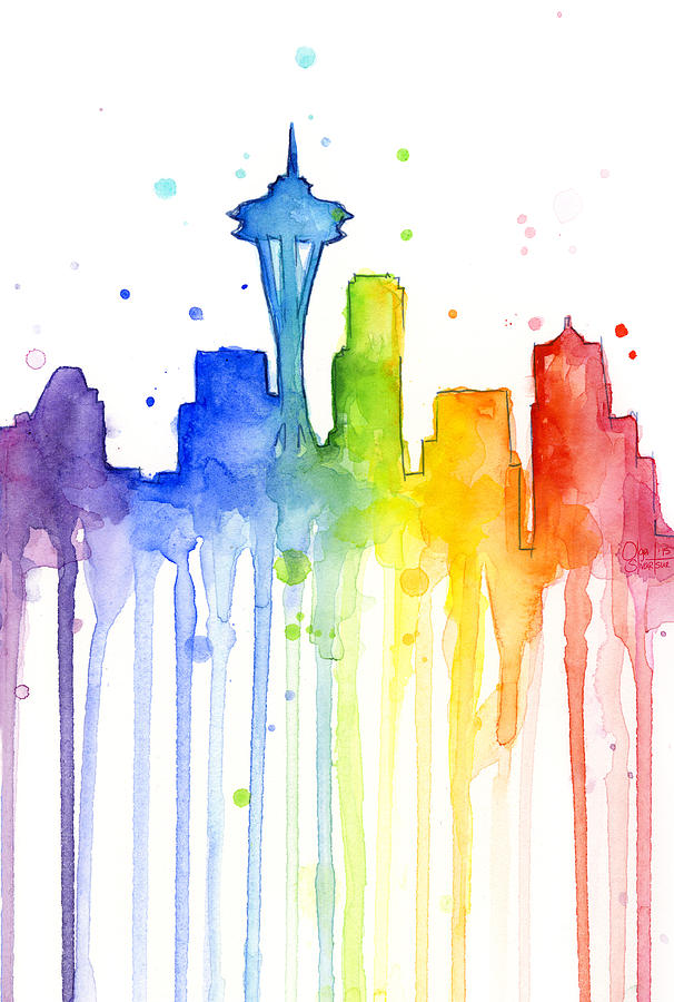 606x900 Seattle Rainbow Watercolor Painting By Olga Shvartsur - Rainbow Watercolor