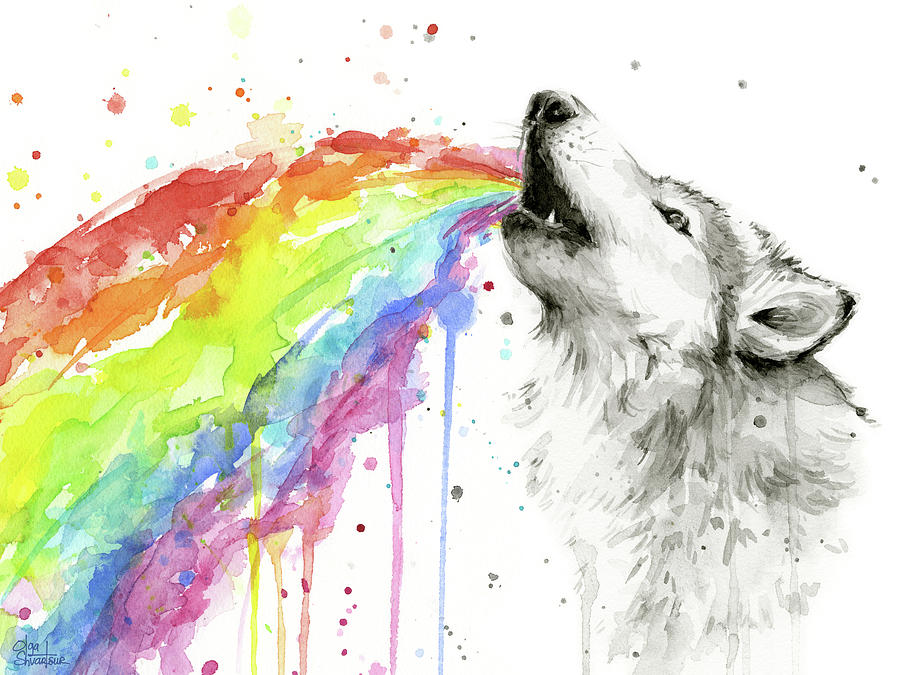 900x675 Wolf And Rainbow Painting By Olga Shvartsur - Rainbow Watercolor