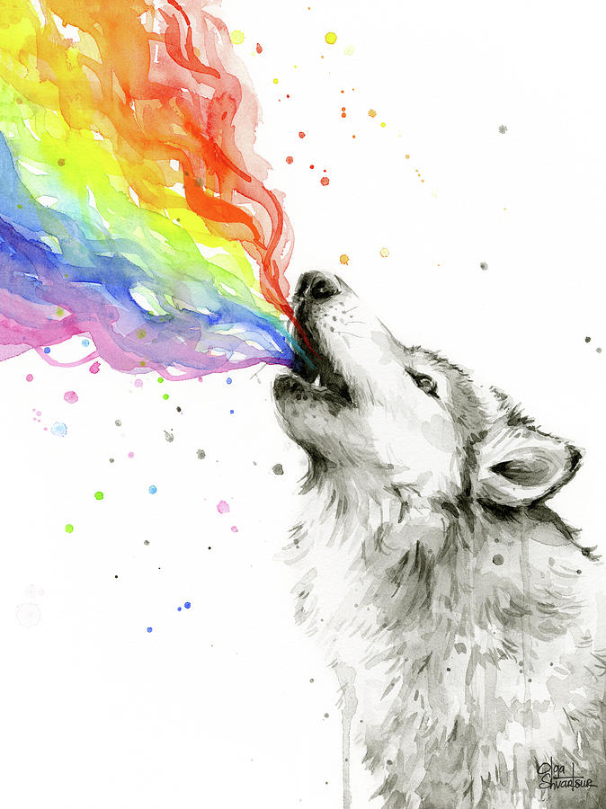 674x900 Wolf Rainbow Watercolor Painting By Olga Shvartsur - Rainbow Watercolor