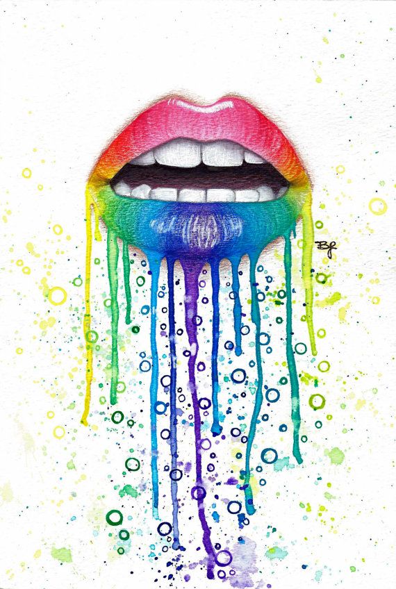 570x848 Original Rainbow Lips 7 5x11in Watercolor Painting Amp Colored - Rainbow Watercolor Painting