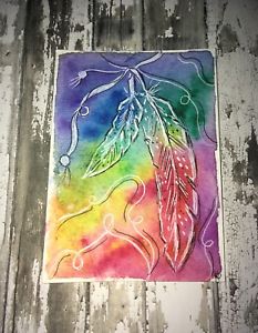 233x300 Aceo Original Watercolor Painting ,rainbow Colorful Feather Boho - Rainbow Watercolor Painting