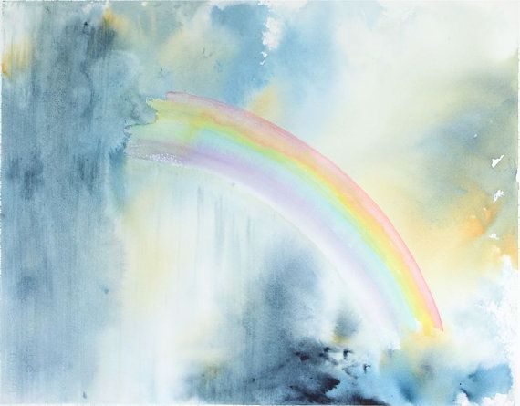 570x445 Rainbow Painting, Original Watercolor Painting Rainbow, Clouds - Rainbow Watercolor Painting