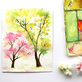 320x320 Spring Trees Watercolor Painting With... Crumbled Paper! - Rainbow Watercolor Painting