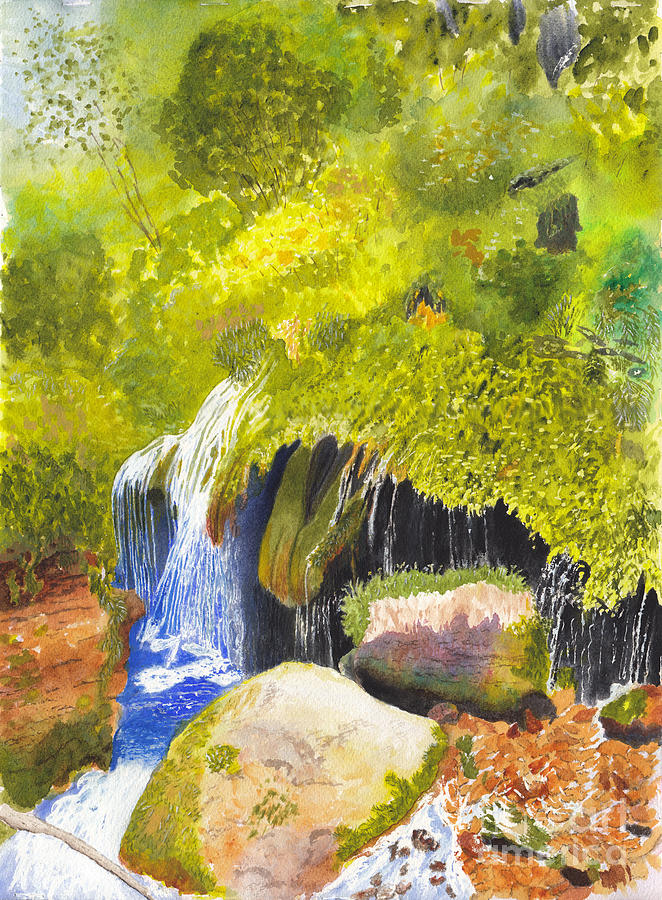 662x900 Rainforest Waterfall Watercolor And Acrylic Painting By Conni - Rainforest Watercolor