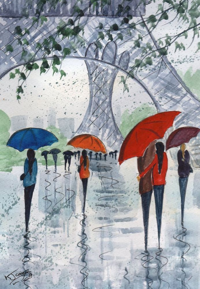 693x1000 Original Signed Watercolour Painting ~ Rainy Day Paris ~ By Kj - Rainy Day Watercolor