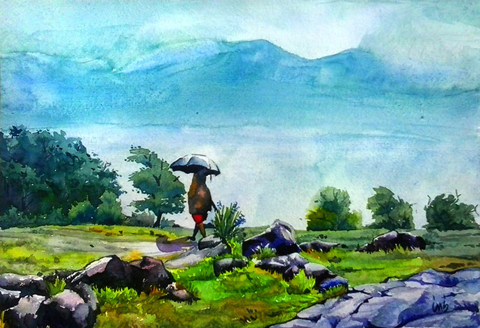 690x472 Rainy Day By Artist Senthil Impressionism, Painting Mojarto - Rainy Day Watercolor