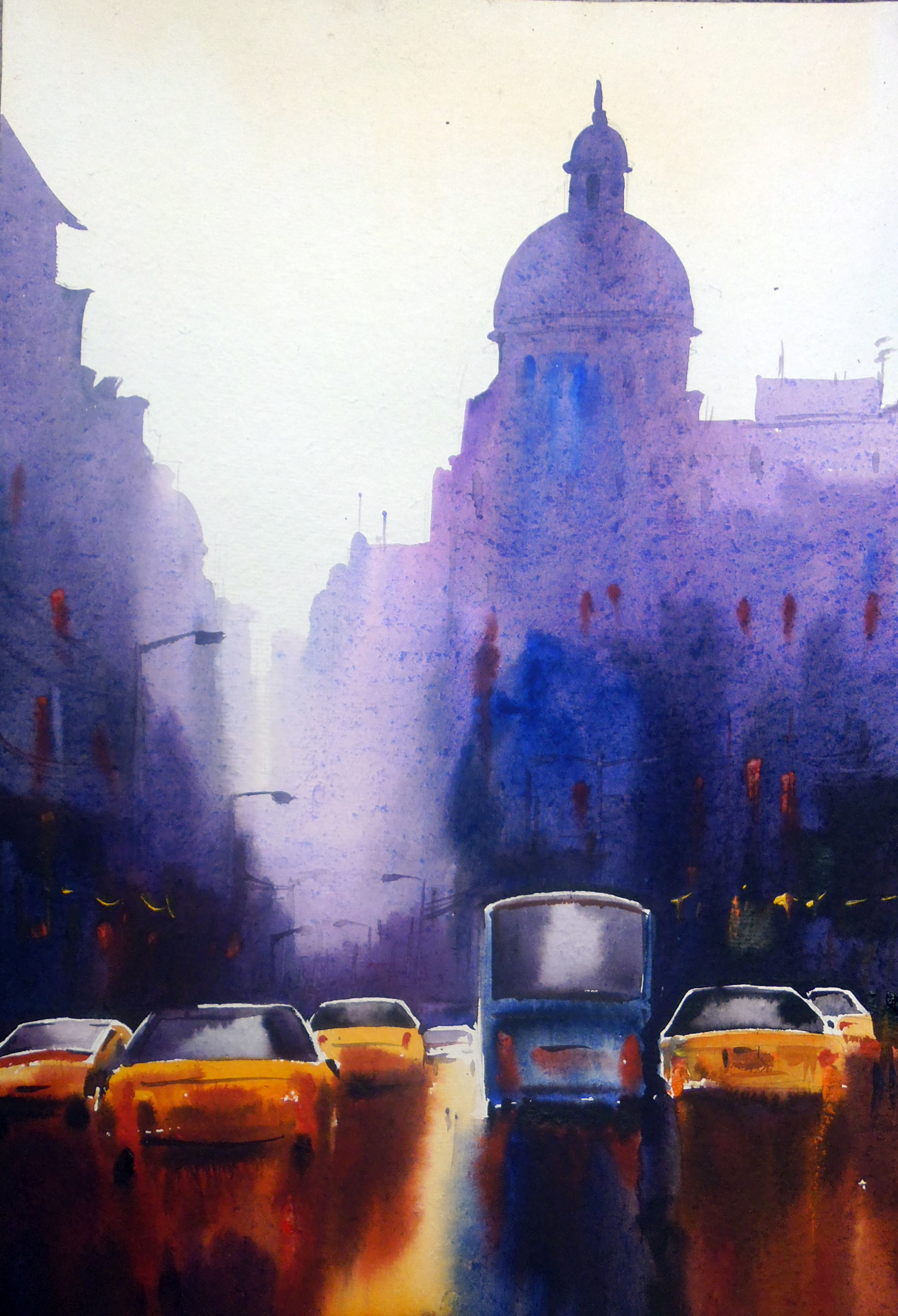 2440x3576 Artfido Buy Art Online City Street - Rainy Day Watercolor