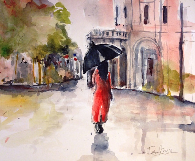 640x527 Daniel Clarke Artwork Paris Rainy Day Original Watercolor - Rainy Day Watercolor