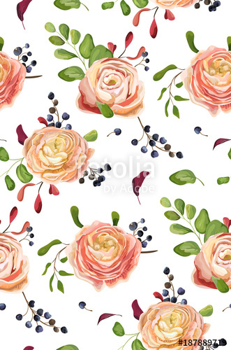 331x500 Vector Seamless Floral Pattern Of Pink Rose Ranunculus Flowers - Ranunculus Watercolor