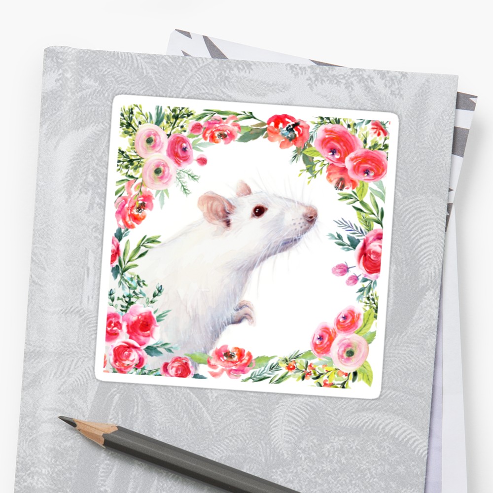 1000x1000 White Rat And Red Flowers Watercolor Floral Animal Stickers By - Rat Watercolor