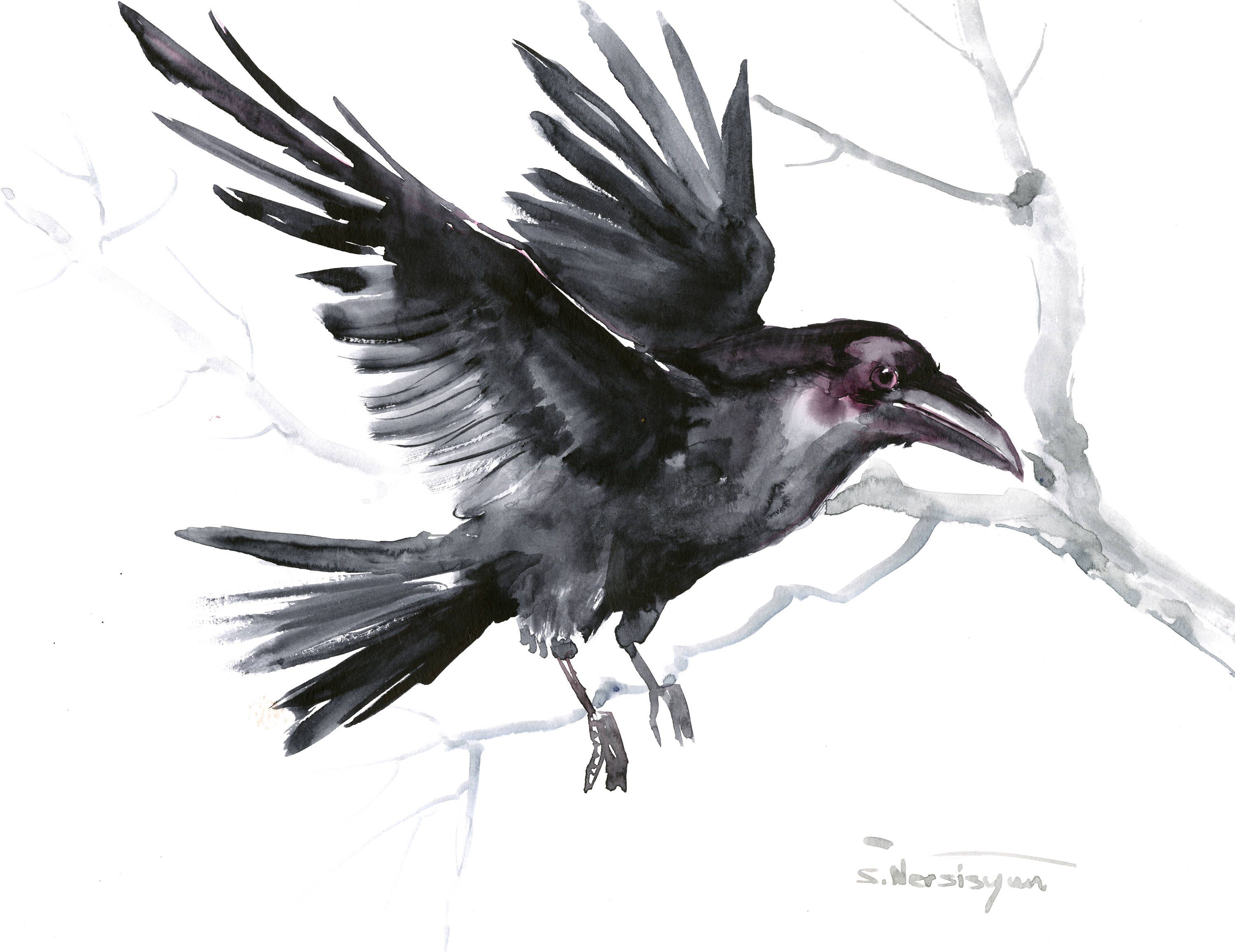 3000x2312 Flying Crow, Raven, Original Watercolor Painting, Crow Lover Art - Raven Watercolor