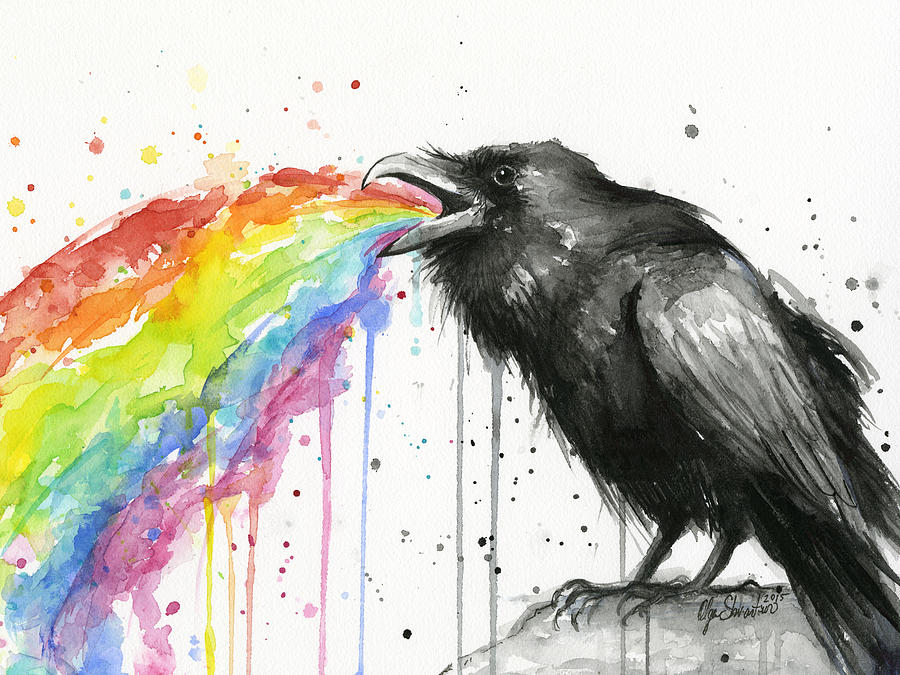 Raven Tastes The Rainbow Painting By Olga Shvartsur - Raven Watercolor. 