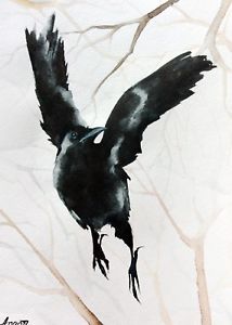 214x300 Bird Watercolor Crow Art Original Raven Wildlife Room Decor - Raven Watercolor