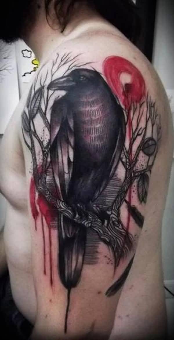 600x1173 Watercolor Cool Raven Sit On Tree Tattoo On Men Shoulder - Raven Watercolor Tattoo