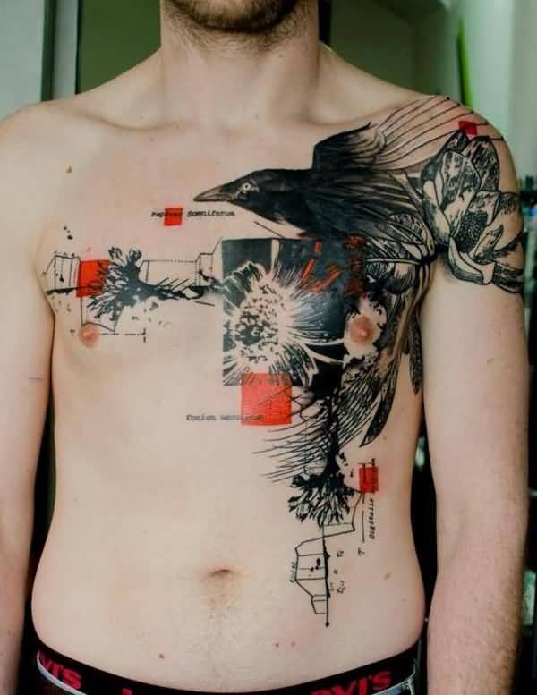 600x777 Watercolor Cool Raven With Squares Tattoo Design For Men Chest - Raven Watercolor Tattoo