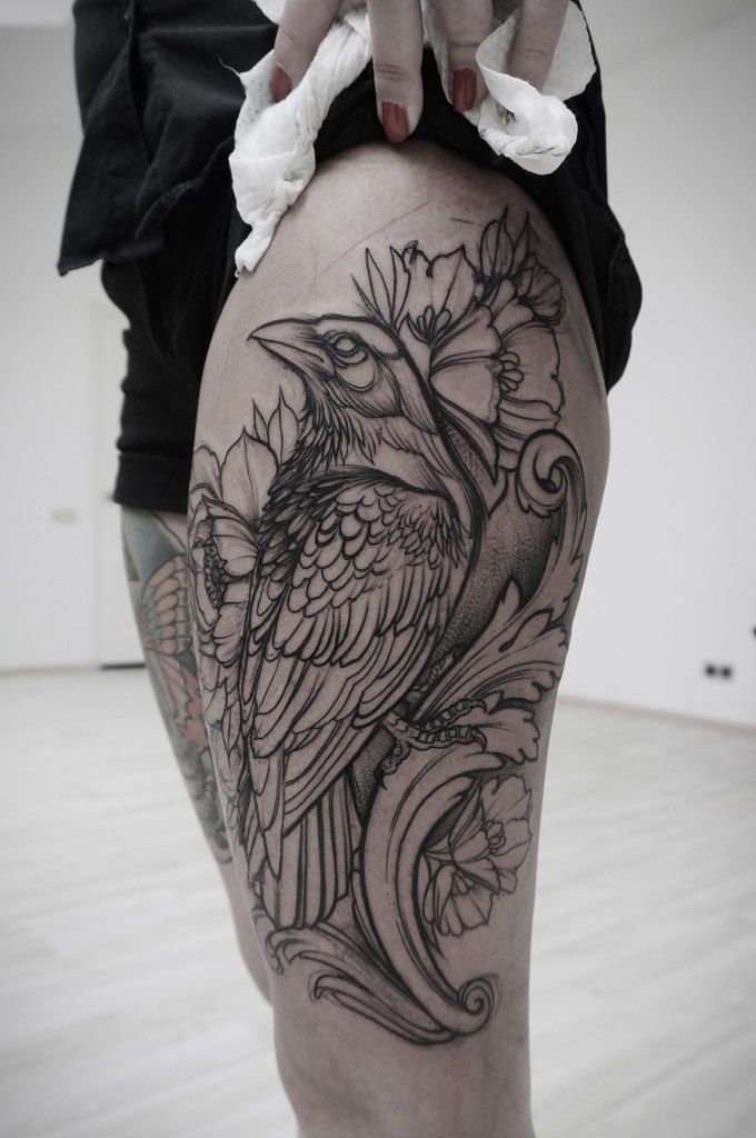 680x1024 Raven Watercolor Tattoo On Side Of Leg - Raven Watercolor Tattoo