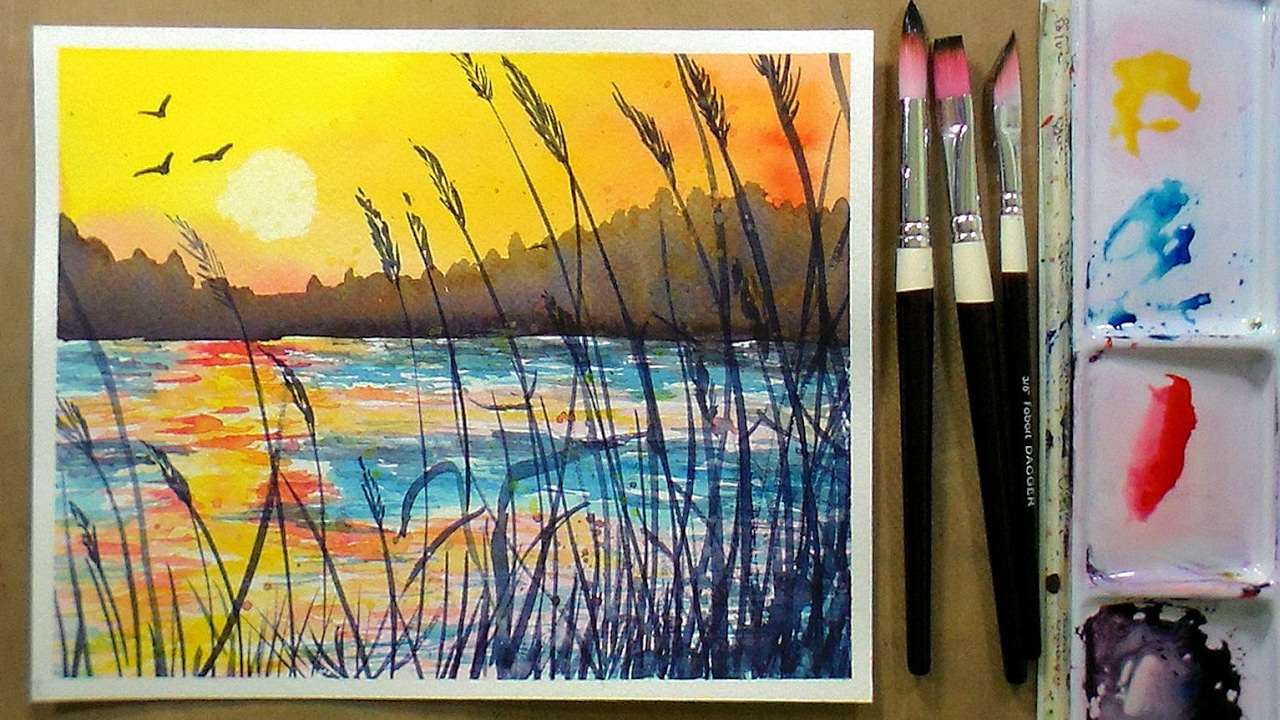 1280x720 Golden Sunset Beginner Watercolor 3 Color Real Time Tutorial - Real Watercolor
