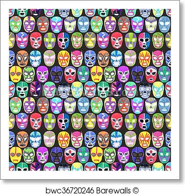 362x382 Art Print Of Luchador Or Fighter Mask Set. Seamless Pattern With - Real Watercolor