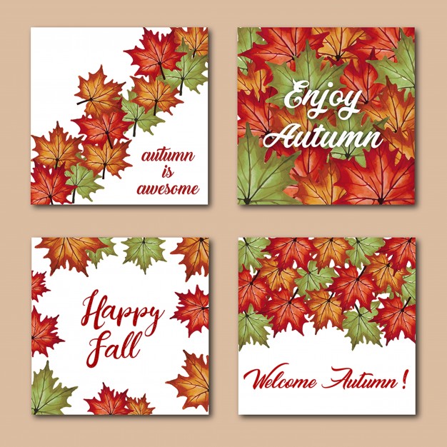 626x626 Watercolor Autumn Cards With Red, Orange, Yellow And Green Leaves - Red And Green Watercolor