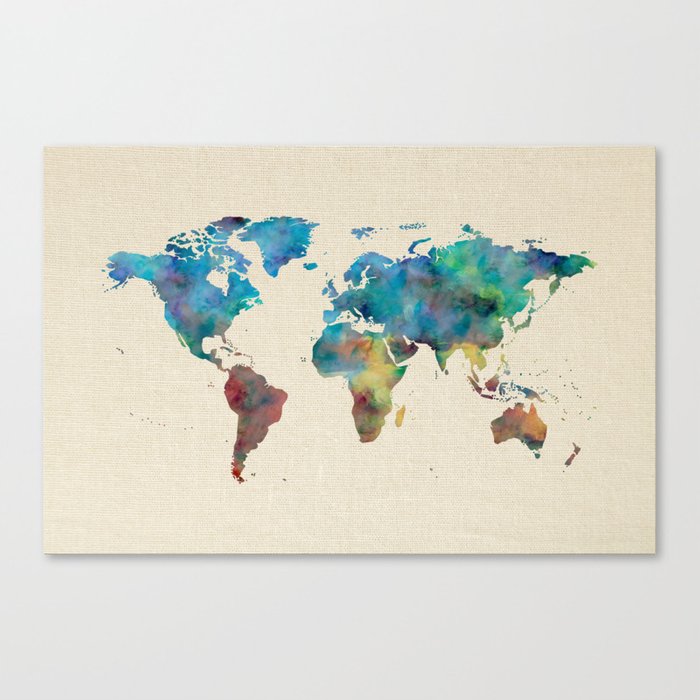 700x700 World Map Watercolor Linen Blue Red Yellow Green Canvas Print By - Red And Green Watercolor