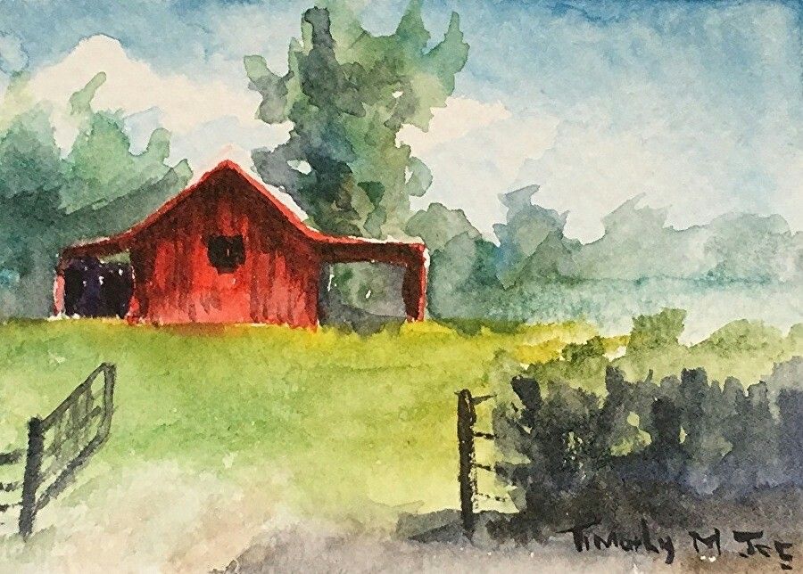 900x644 Red Barn Entrance By, Timothy M. Joe Watercolor Paintings - Red Barn Watercolor