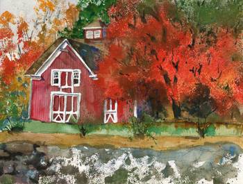 350x265 Red Barn In Autumn Watercolor Painting By Miriam Schulman - Red Barn Watercolor