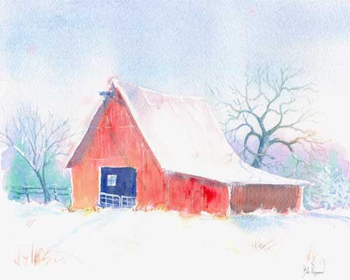 500x400 Red Barn In Snow - Red Barn Watercolor