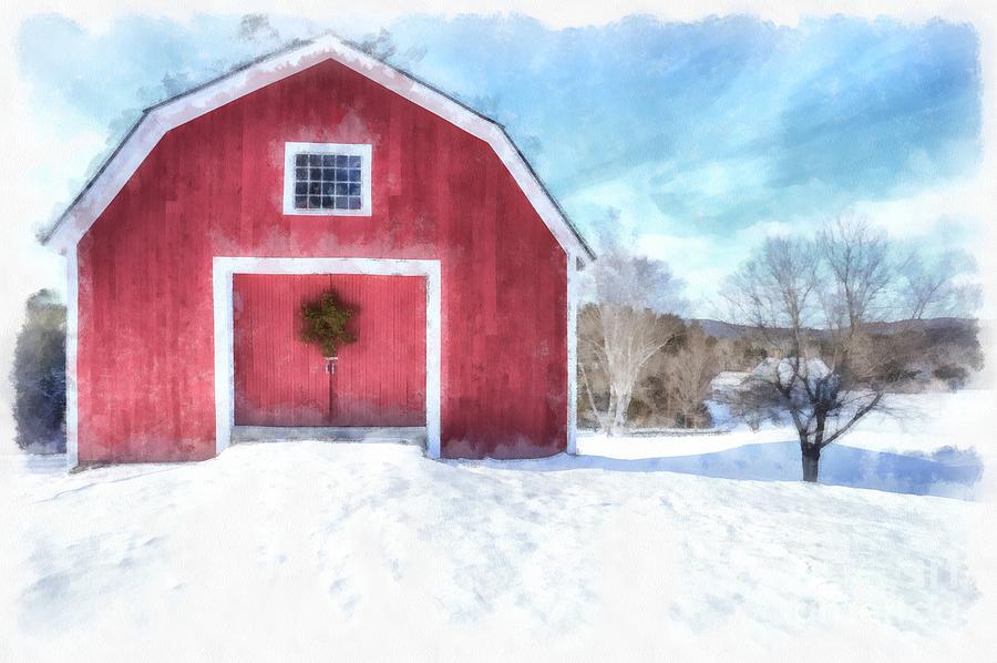 900x598 Traditional New England Red Barn In Winter Watercolor Painting By - Red Barn Watercolor