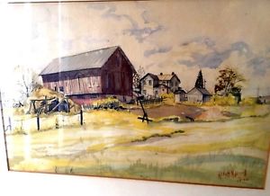 300x218 Vtg Watercolor Painting American Farm Scene Big Red Barn Signed - Red Barn Watercolor
