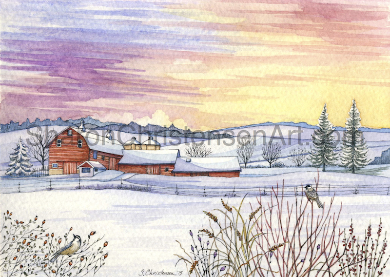 800x568 Big Red Barn Winter Sunset Original Watercolor - Red Barn Watercolor