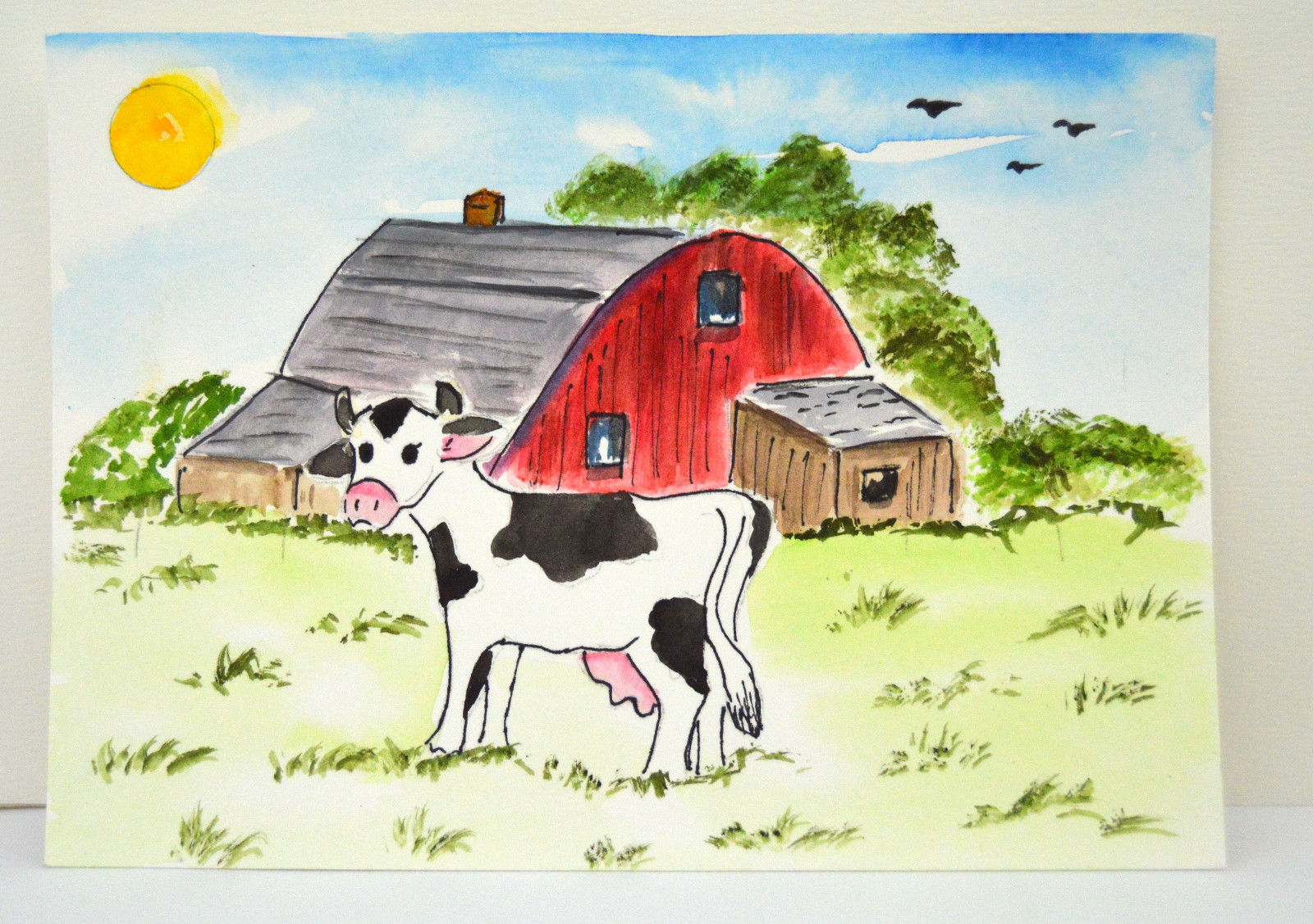 1600x1126 Folk Art Hand Painted Red Barn And Cow Watercolor Painting 5x7 - Red Barn Watercolor