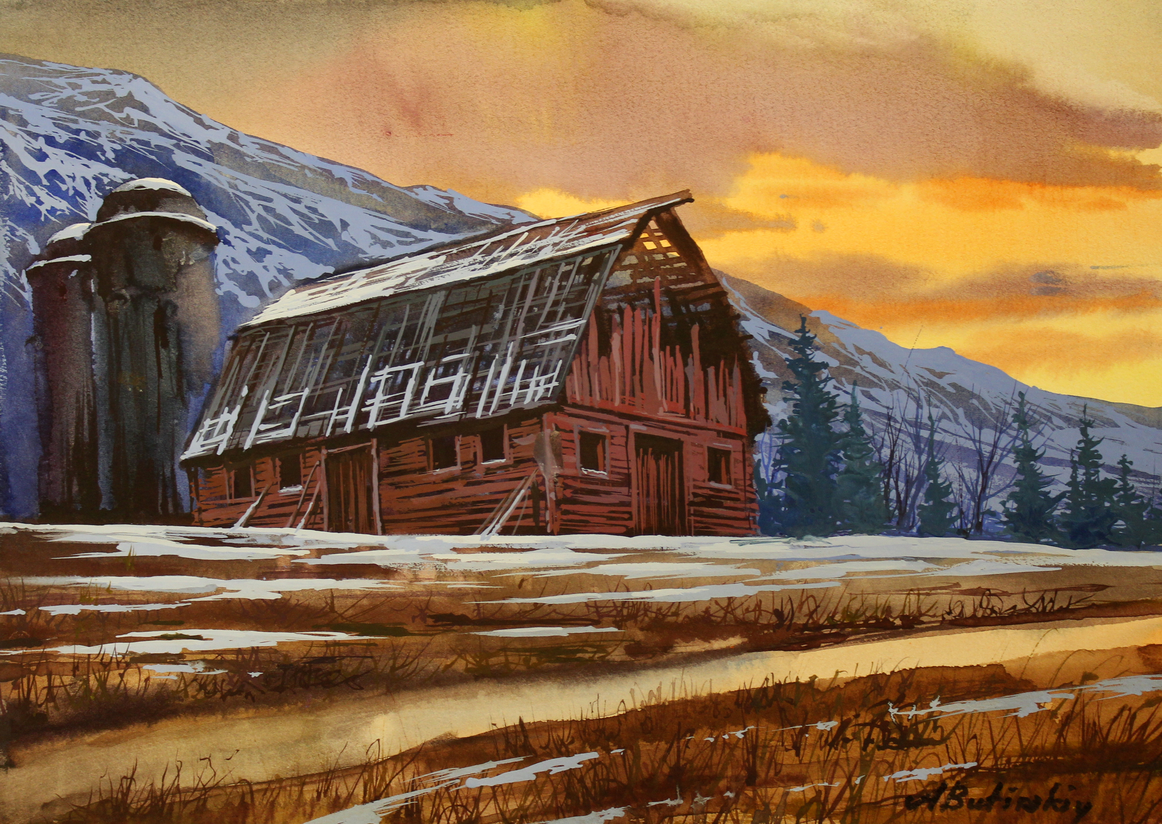 4025x2855 Fine Art Collector International Old Red Original - Red Barn Watercolor