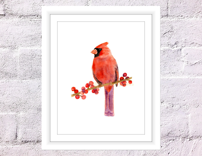 690x534 Northern Cardinal Print, Watercolour By Breezy Bird Goodies On Zibbet - Red Bird Watercolor