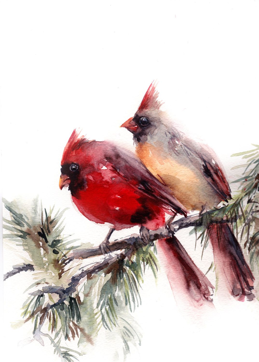 1074x1500 Original Watercolor Painting, Northern Cardinals Couple Painting - Red Bird Watercolor