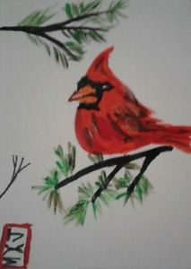 213x300 Red Cardinal In Evergreen Tree Aceo Original Watercolor Painting - Red Cardinal Watercolor