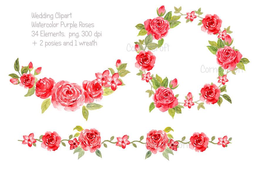 872x588 Watercolor Red Roses Wedding Collection Printable Instant Download - Red Flower Watercolor