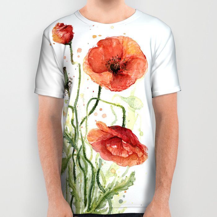 700x700 Red Poppies Watercolor Flower Floral Art All Over Print Shirt By - Red Poppy Watercolor