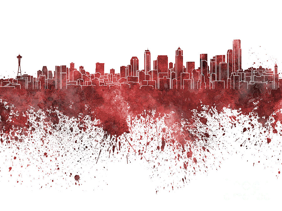 900x675 Seattle Skyline In Red Watercolor On White Background Painting By - Red Watercolor Background