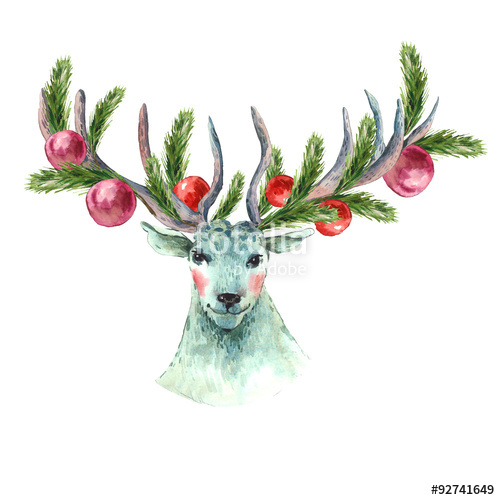 500x500 Christmas Watercolor Greeting Card With Reindeer Stock Photo And - Reindeer Watercolor