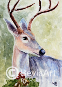 215x300 Aceo Original Watercolor Painting Reindeer With Christmas Ornament - Reindeer Watercolor