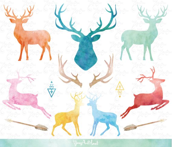 570x488 Watercolor Deer Watercolor Reindeerpack, Silhouettes Deer - Reindeer Watercolor