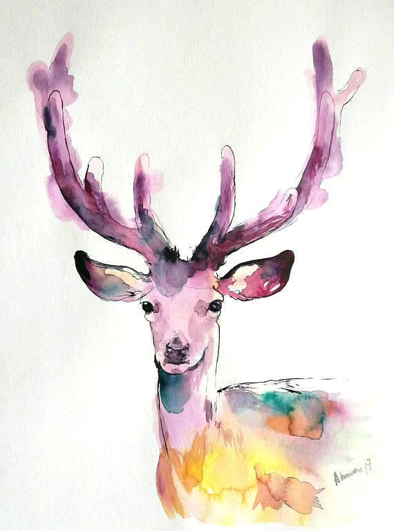 570x769 Watercolor Reindeer Wall Art Original Wildlife Painting. Etsy - Reindeer Watercolor