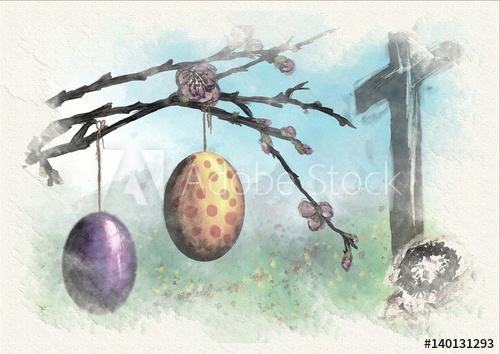 500x354 Easter Eggs Hanging From A Spring Tree In Blossom, With An Empty - Religious Watercolor