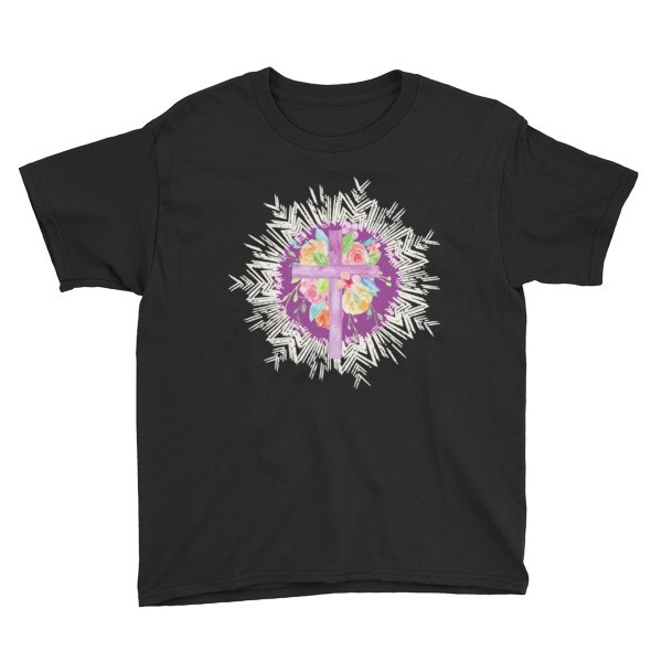 600x600 Watercolor Cross And Floret Cluster Youth T Shirt Unwavering Faith - Religious Watercolor