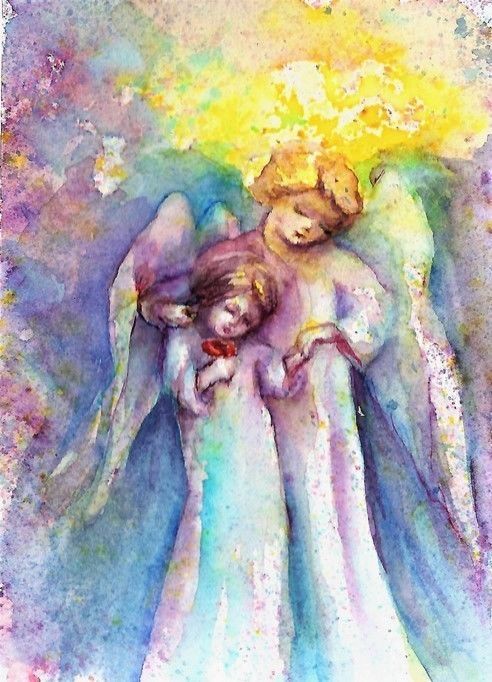 492x682 Aceo Original Angels God Religious Girls Kids Folk Watercolour - Religious Watercolor Paintings