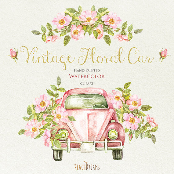 570x570 Watercolor Vintage Floral Car With Rustic Roses. Wedding Invite - Retro Watercolor