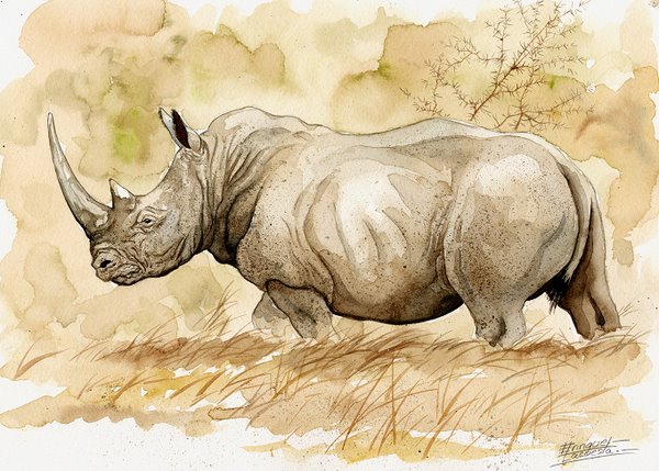 600x429 Big Five Watercolor Gallery African Wildlife Watercolor Art - Rhino Watercolor