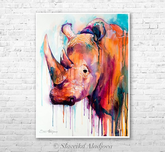 570x524 Colorful Rhino Watercolor Painting Print By Slaveika Aladjova Etsy - Rhino Watercolor