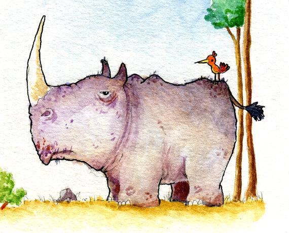570x459 Rhino And Passenger Watercolor Print Ben Byrd Art - Rhino Watercolor