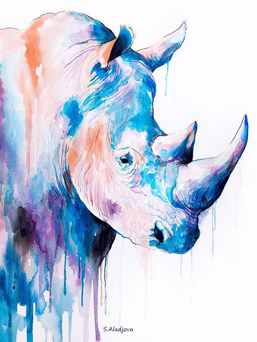 525x700 Rhino Watercolor Painting Print By Slaveika Aladjova, Art, Animal - Rhino Watercolor
